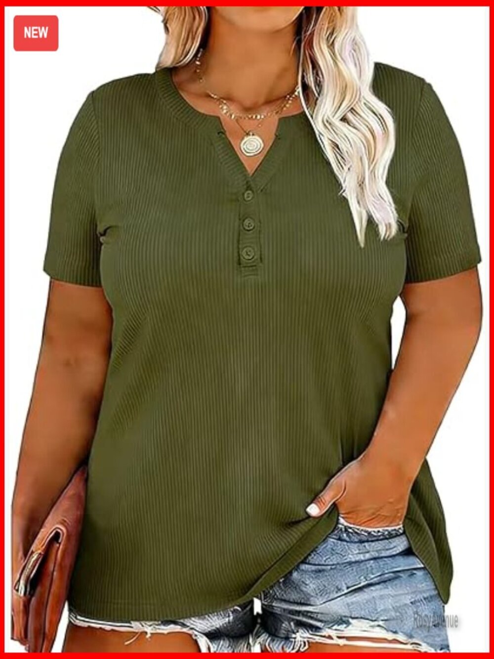 Ribbed Knit Henley T-Shirt Short Sleeve V Neck Button Front Loose Fit Summer Top